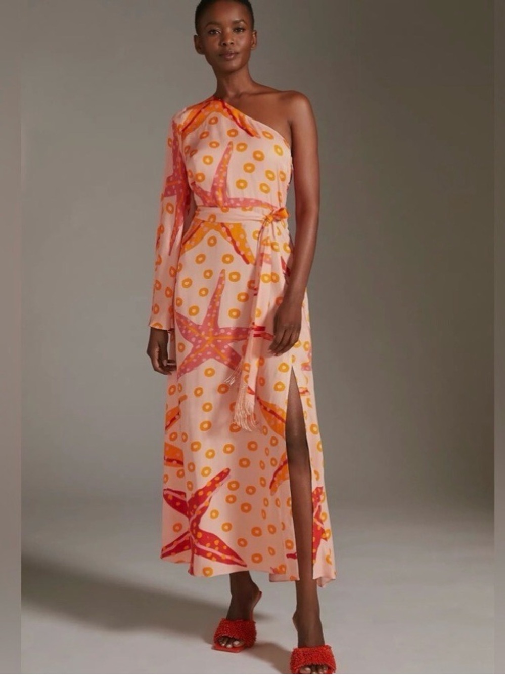 FARM Rio One-Shoulder Maxi Dress in Peach with Orange and Pink Print